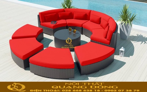 Sofa giả mây QD-677 sử dụng nệm màu đỏ