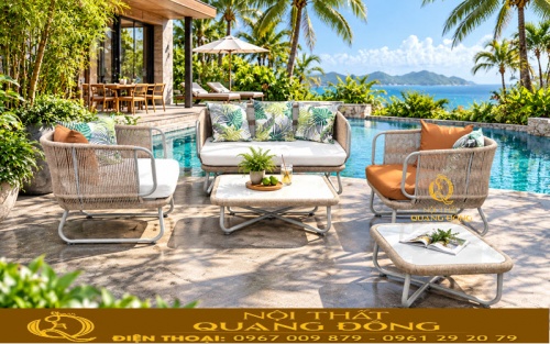 Sofa giả mây QD-759 bố trí cạnh hồ bơi phong cách nghỉ dưỡng