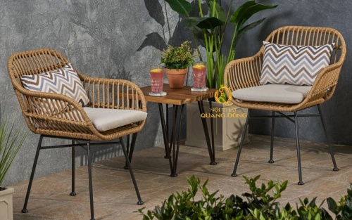 Bộ bàn ghế ban công QD-279 kết hợp bàn mặt gỗ tự nhiên