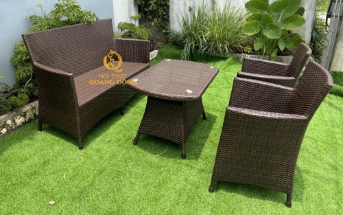 Bộ bàn ghế giả mây QD-064 sử dụng 2 ghế đơn 1 băng dài thêm lựa chọn cho khách hàng