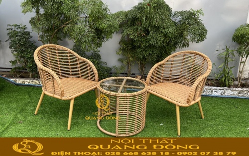 bàn ghế giả mây QD-2046 với 2 ghế 1 bàn cho không gian ban công hoặc phòng của các căn hộ và khách sạn,....