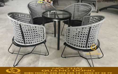 Mẫu ghế giả mây đan sợi dây dù polyester QD-2055 kết hợp với chân bàn sắt