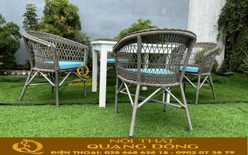 Bàn ghế sân vườn ngoài trời đan sợi mây nhựa tròn QD-2084