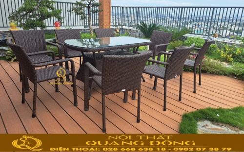 Bàn ghế mây nhựa QD - 2100 1 bàn 8 ghế tiện nghi, phù hợp nhiều mục đích sử dụng