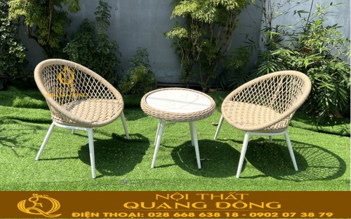 Bàn ghế giả mây QD - 2110 thiết kế tròn hiện địa cho sân vườn và ban công