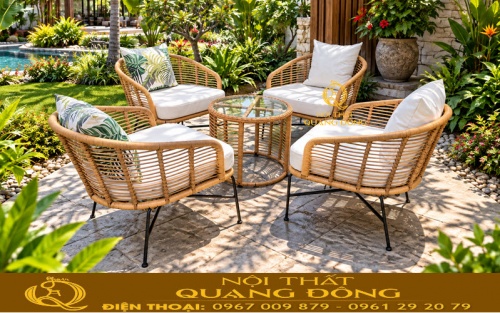 Bộ bàn ghế giả mây QD-2116 tạo góc thư giãn ngoài trời
