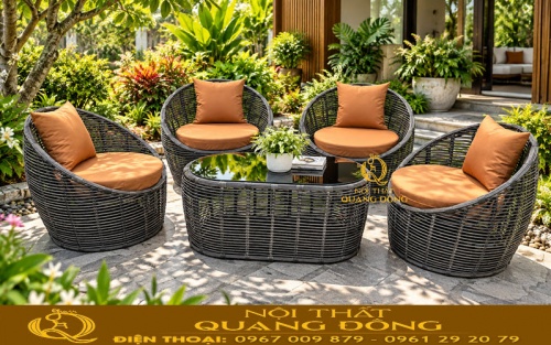 Bàn ghế giả mây QD-2117 với bàn hình oval mặt kính cường lực