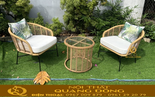 Bàn ghế giả mây QD-2120 màu vàng be với thiết kế đan mây tinh tế