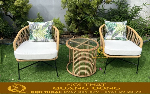 Bàn ghế giả mây QD-2120 đan bằng sợi mây nhựa tròn 8ly kháng tia UV chịu nắng mưa