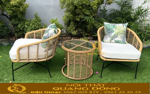 Bàn Ghế giả mây QD-2120 đan dây dẹp chữ X độc đáo liên kết khung và dây đan