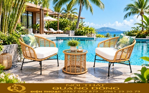 Bộ bàn ghế giả mây QD-2120 trang trí không gian sân vườn ngoài trời