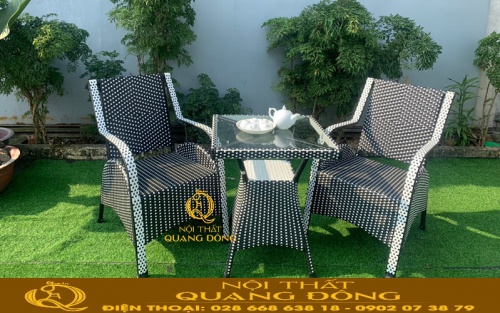 Bàn ghế giả mây QD-272 màu đen trắng xen kẽ