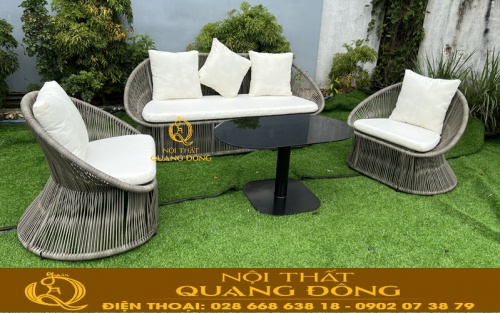 Bộ bàn ghế giả mây QD-277 nệm màu trắng
