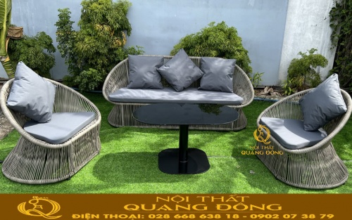 Bộ bàn ghế giả mây QD-277 đi kèm nệm màu xám