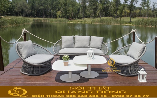 Bàn ghế giả mây đan dây dù polyester