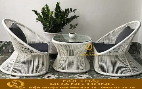 Bàn ghế giả mây cao cấp QD-307 màu trắng tinh khiết