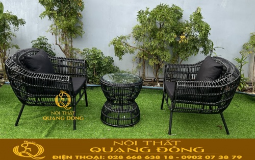 Mẫu bàn ghế giả mây QD-342 với tông màu đen huyền sang trọng