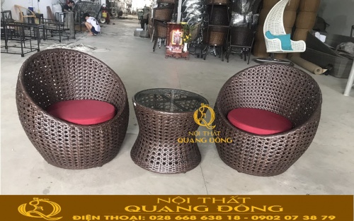 Mẫu bàn ghế giả mây QD-346 đan sợi mây nhựa màu nâu giả gỗ trầm