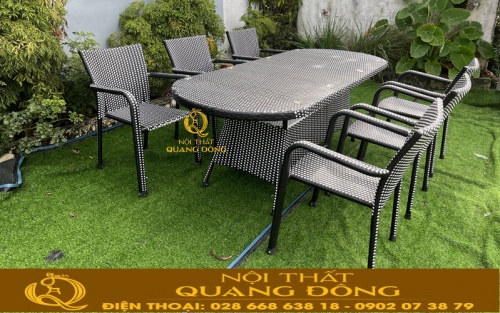 Bộ bàn BBQ 6 dùng cho sân vườn đan mây nhựa giả mây QD-351