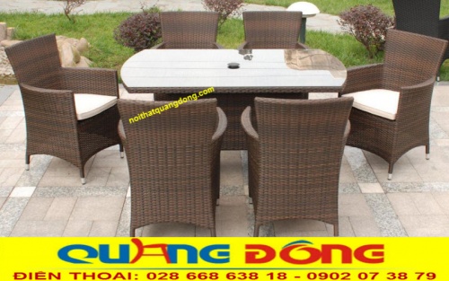 Bộ bàn 6 ghế đan sợi mây nhựa màu nâu giả gỗ QD-393
