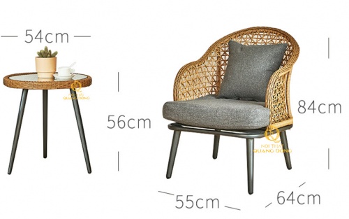 Bàn ghế giả mây QD-309 được thể hiện kích thước rõ ràng