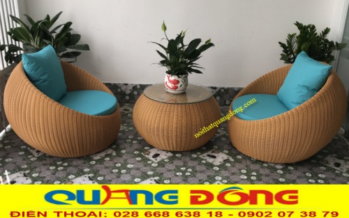 Bàn ghế ngoài trời giả mây QD-306 đan sợi mây nhựa tròn