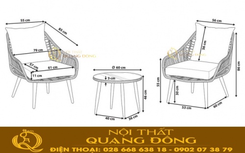 Kích thước tiêu chuẩn bộ bàn ghế giả mây QD-353