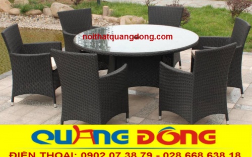 Bàn ghế giả mây QD-393 màu đen bàn tròn