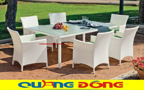 Bàn ghế giả mây QD-393 màu trắng làm đẹp không gian ngoại thất