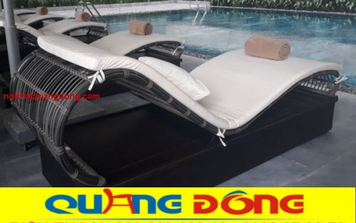 Ghế hồ bơi QD-579 màu xám đen|Giường tắm nắng giả mây đẹp