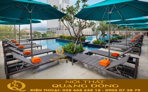 Mẫu ghế nằm thư giãn tắm nắng cho bể bơi, bãi biển khu resort, khách sạn.... Địa chỉ sản xuất cung cấp ghế nằm hồ bơi giả mây uy tín tại TP.HCM