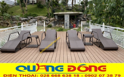 Ghế nằm hồ bơi giả mây màu nâu giả gỗ QD-591