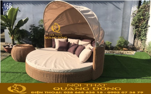 Giường tắm nắng đan mây nhựa giả mây có mái vòm QD-517
