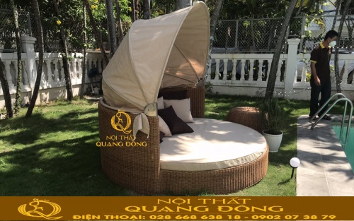 Mẫu giường tắm nắng đan mây nhựa giả mây có mái vòm cho hồ bơi, bãi biển