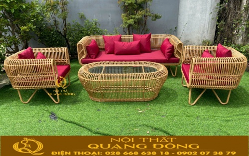 Sofa giả mây QD-754 bo tròn tinh tế, nệm đỏ đô nổi bật