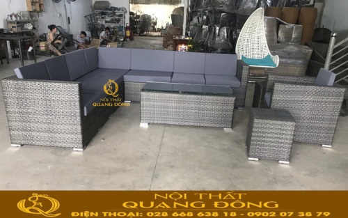 Ghế sofa góc đan sợi mây nhựa giả mây màu xám QD-613
