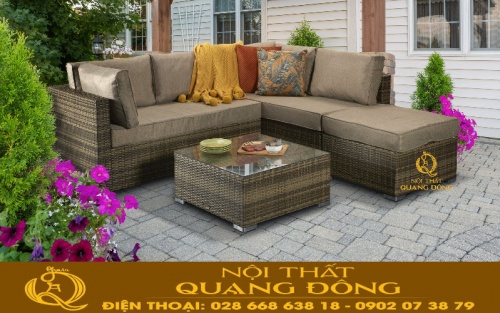 Mấu sofa góc chữ L dùng cho sân vườn ngoài trời QD-666 nệm lót màu vàng cát 