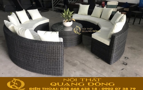 Mẫu sofa giả mây màu xám đậm QD-698 ghi hình tại xưởng Nội Thất Quang Đông