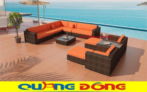 sofa giả mây QD-644 màu nâu giả gỗ nệm màu cam