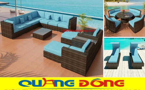 sofa giả mây QD-644 màu nâu nệm xanh