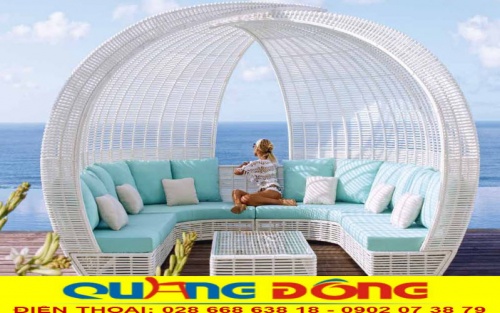 Sofa mây nhựa ngoài trời có mái vòm QD-660 màu trắng tinh khôi
