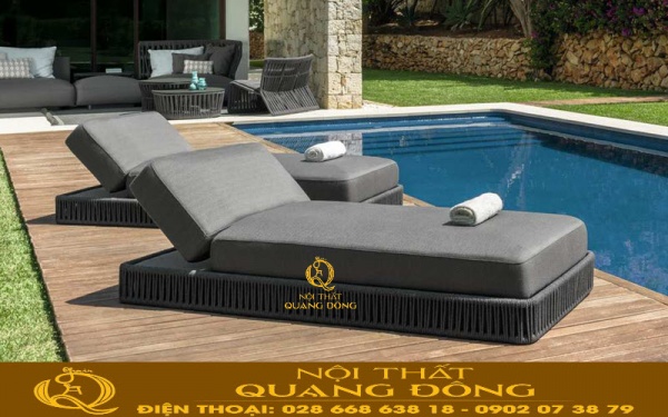 Ghế hồ bơi giả mây QD-1261 được đan sợi dây dù polyethene cao cấp tạo cảm giác chắc chắn khi nằm.