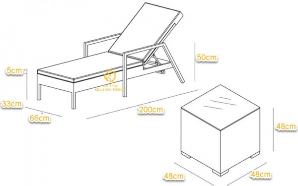 Kích thước ghế nằm hồ bơi mây nhựa QD-568 Kích thước ghế nằm hồ bơi QD-568 được vẽ 3D theo yêu cầu của khách hàng