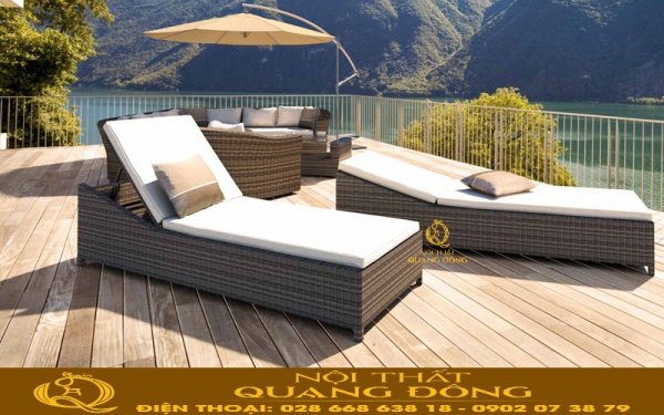 Ghế nằm thư giãn tắm nắng cho hồ bơi QD-599 Ghế nằm thư giãn tắm nắng đan nhựa giả mây QD-599 kiểu dáng vuông vức
