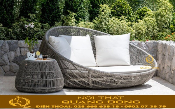 Giường tắm nắng QD-528 đan sợi mây nhựa tròn 5 ly vô cùng tỉ mỉ, nét đẹp thẩm mỹ cao