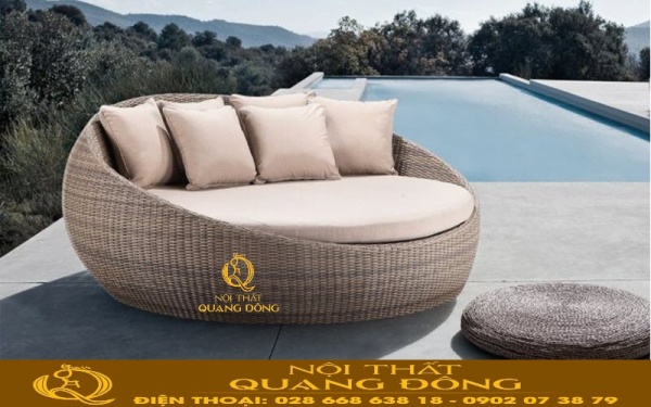 Mẫu giường tắm nắng QD-538  tròn hình thúng đẹp cho bãi biển, bể bơi khu resort sang trọng hiện đại