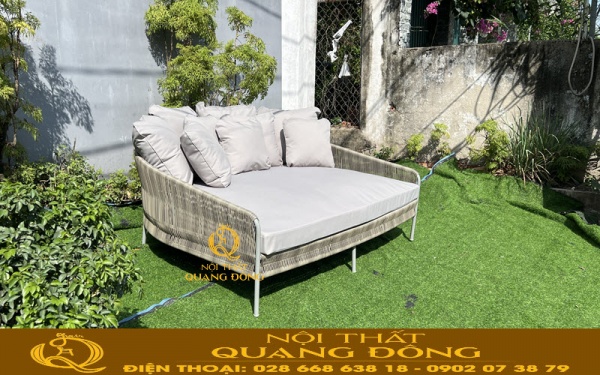 Giường tắm nắng QD-549 đan sợi mây nhựa tròn, kêt hợp kiểu đan giăng quấn ken, nệm bằng vải ngoài trời chống thấm trượt nước