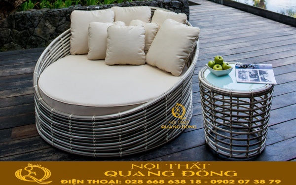 Giường tắm nắng mây nhựa QD-551 đan sợi mây nhựa bán nguyệt bản lớn 14 ly gam màu xám chu kỳ
