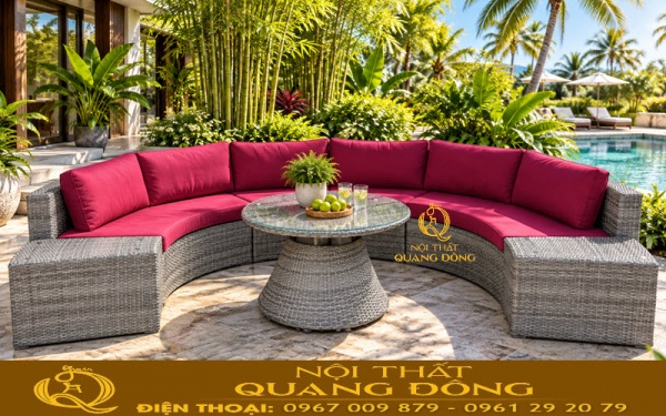 Sofa giả mây QD-605 thiêt kế hình bán nguyệt đẹp cho không gian sân vườn ngoài trời
