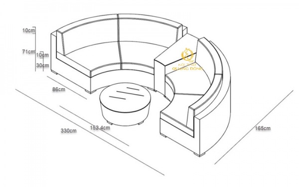 Kích thước sofa giả mây QD-622 với tổng thể hình bán nguyệt